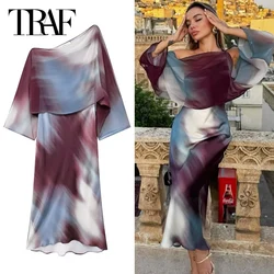 TRAF Women's Dress Tie Dye Satin Dresses Summer Asymmetric Long Dresses Midi Tierred Long Sleeve Vestidos Evening Dresses 2024