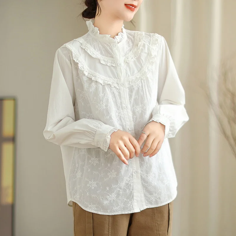 Women's elegant blouse mori girls royal style lstringy selvedge lace embroider white basic shirts woman korean popular clothes