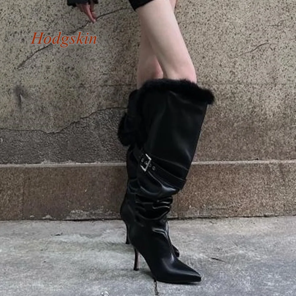 

Belt Buckle Slip On Black Solid Women Boots Stiletto High Heel Over The Knee Boots 2025 Newest Fashion Casual Pointed Toe Boots