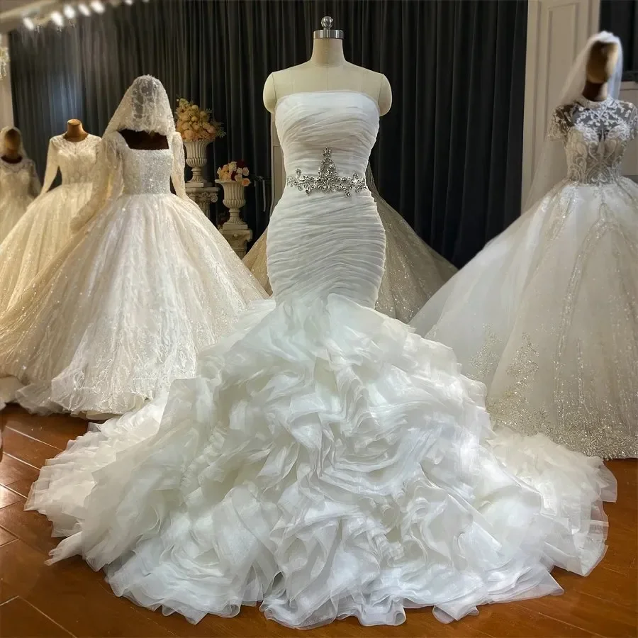 

2026 Strapless Mermaid African Wedding Dress Organza Ruffles Tiered Crystal Sash Formal Bride Gown Vestidos De Novia