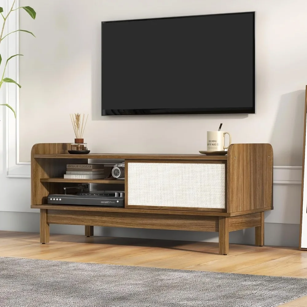 Mid Century Coffee Table with Storage, Rattan Modern Tea Table with Sliding Doors, Adjustable & Removable Shelf