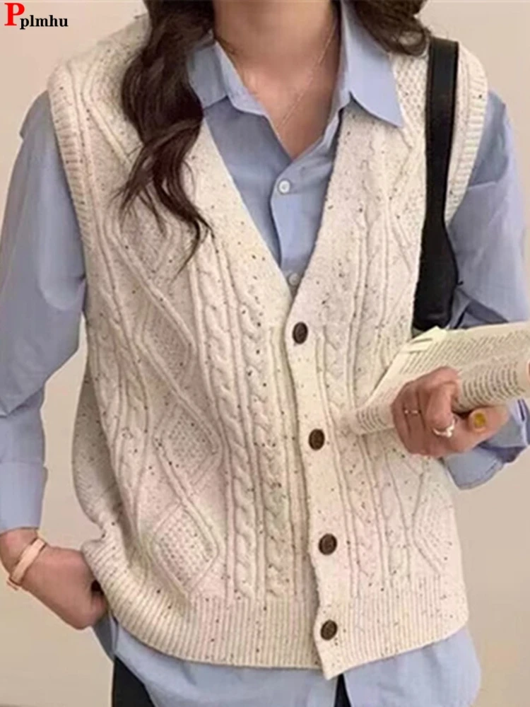 Chaleco de punto con cuello en V para mujer, chaqueta informal de estilo Preppy, prendas de punto de un solo pecho, Tops sin mangas