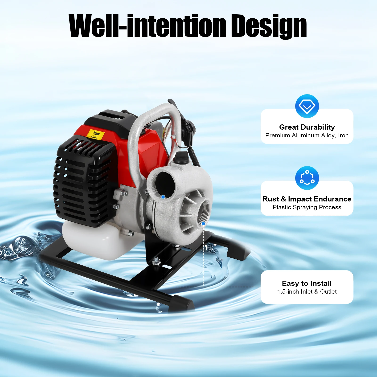 

Портативный водяной насос 52CC, 2.3HP, высокомощный бензиновый двигатель, напор 40м, расход 15м³/ч для сельскохозяйственного орошения