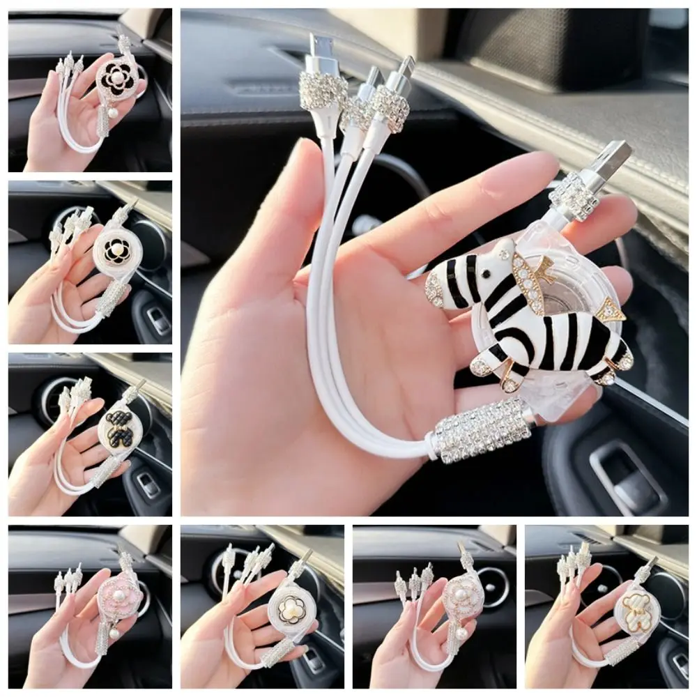 Rhinestone 3 in 1 Car Charger Retractable Car Charger 3 in1 USB Charger Cable 3 in 1 Fast Charging 3 in1 Fast Charger Cord Women