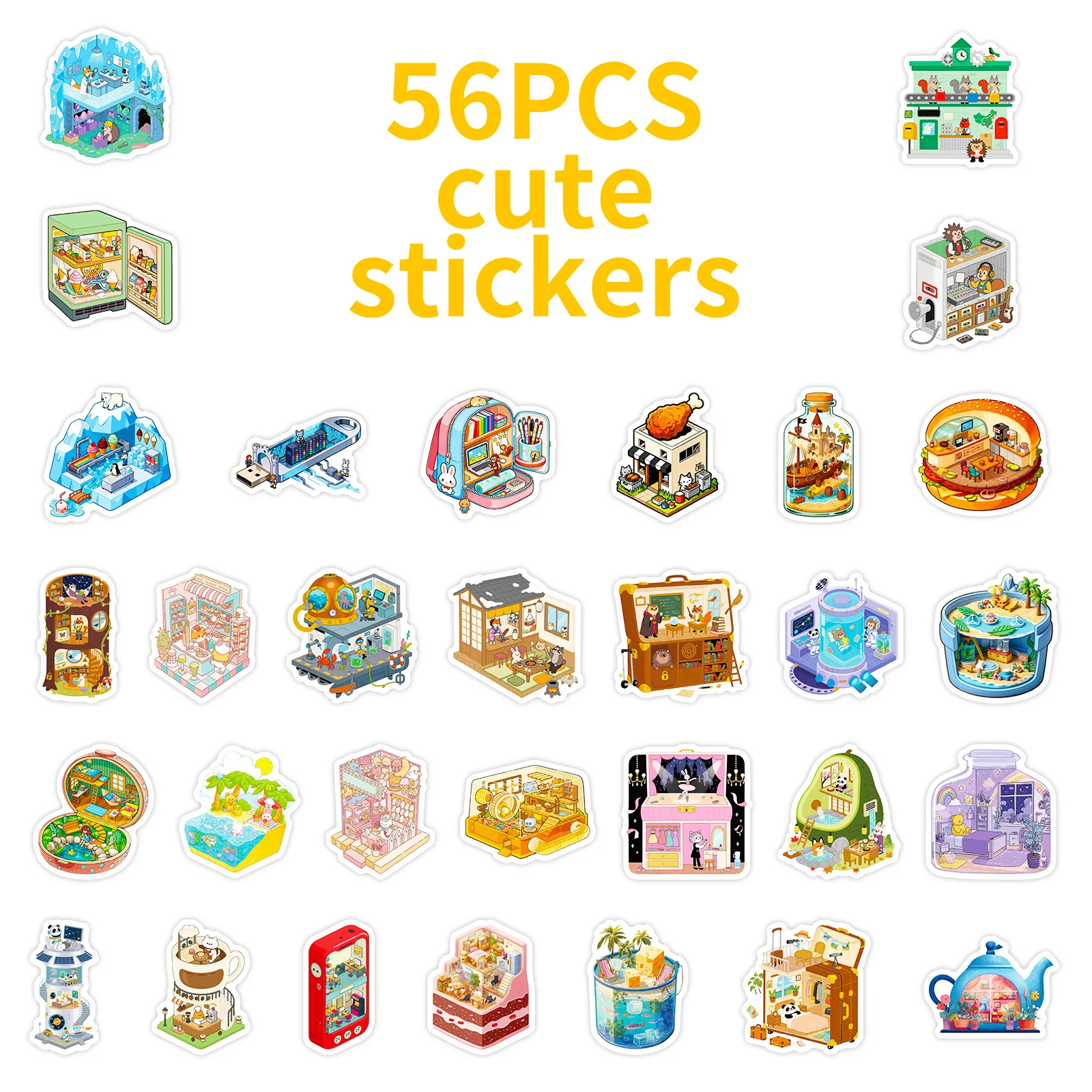 56/112 autocollants décoratifs 3D multi-thèmes de dessins animés, autocollants de scène 3D, papeterie, carnet, autocollants imperméables, récompenses