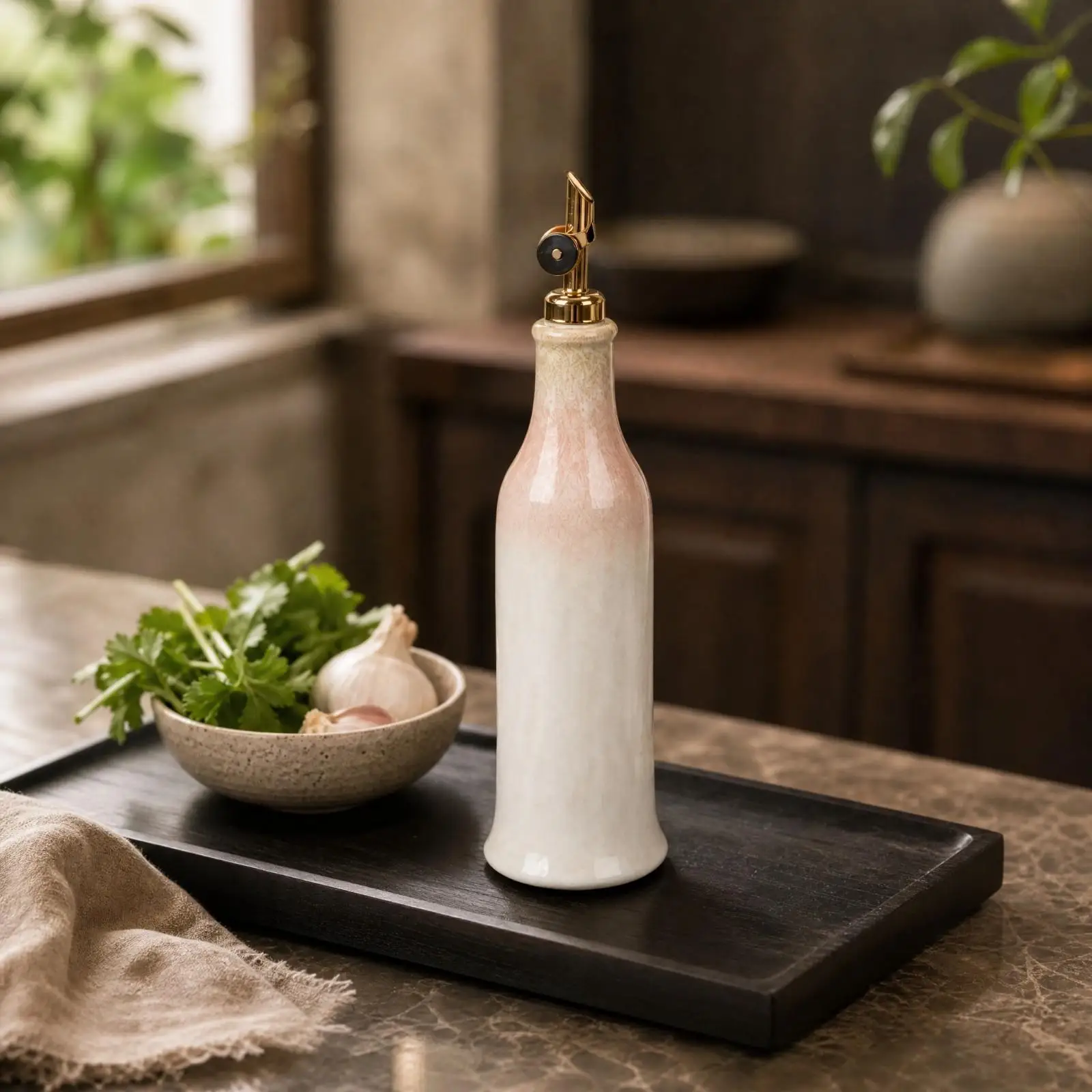 Handy Ceramic Oil Pourer Bottle with Hinged Cap 400ml Kitchen Countertop Condiment Dispenser for Cooking Sauces and Marinades