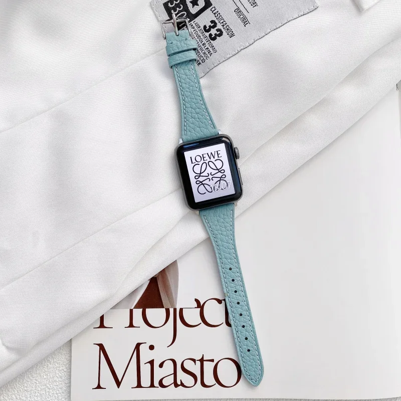 นาฬิกา Apple สายหนังรูปตัว T สำหรับผู้หญิง FF-13bx 6 5 4 3สายหนังลายลิ้นจี่เอวเล็ก38มม. 40มม. 42มม. 44มม.