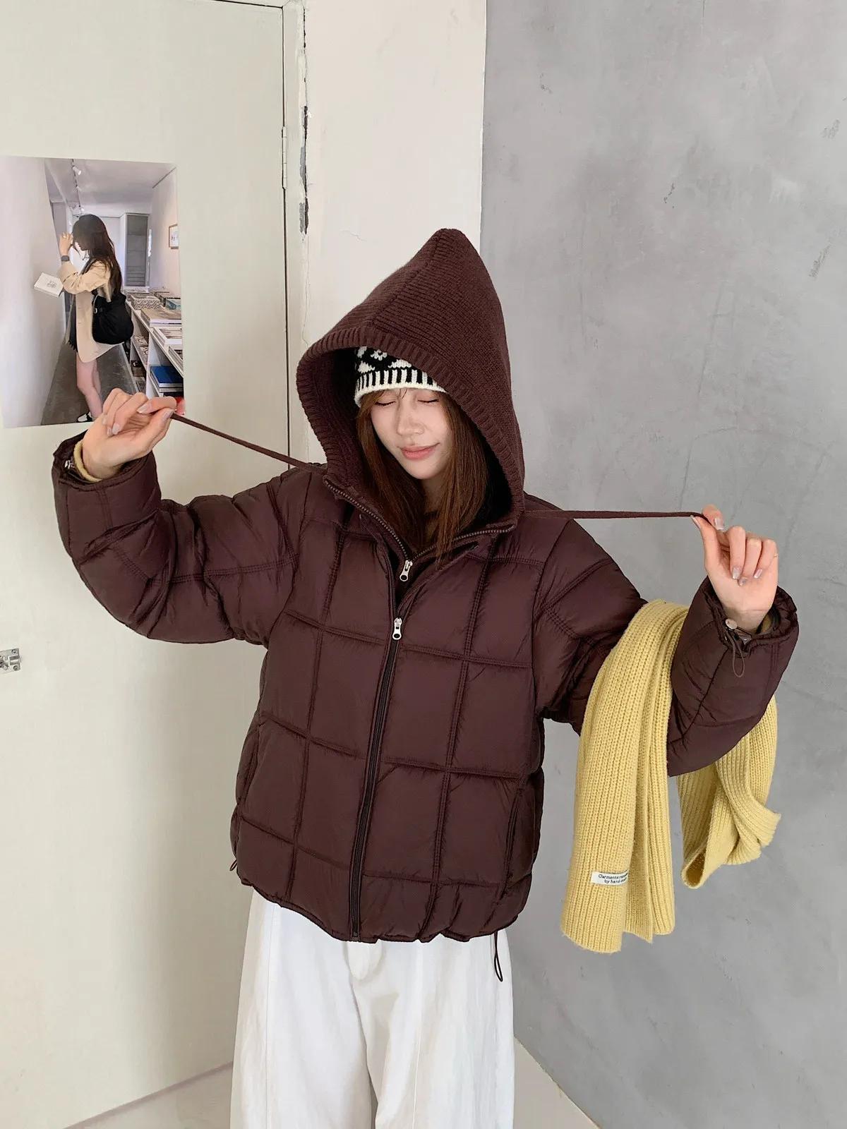 Korean Knit Hood Patchwork Short Puffer Jacket Women Loose Lightweight Warm Padded Parkas Women Solid Color Zipper Winter Jacket