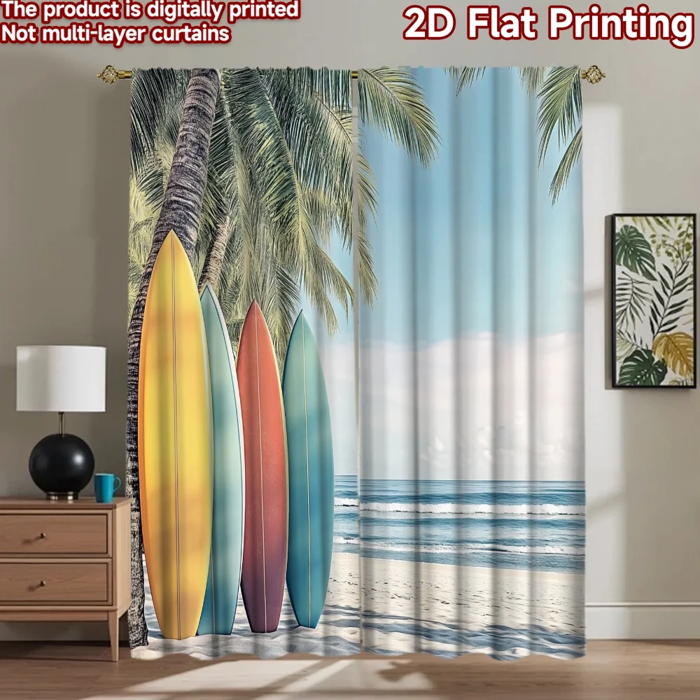 2D flat 2pcs Curtain Vintage drapes and curtains Surfboards on Palm Beach Digitally printed polyester, colorfast Party