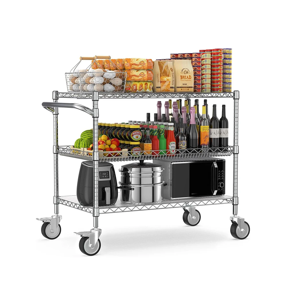 

Wholesale NSF Commercial Grade Heavy Duty Rolling Utility Cart 3 Tier Rolling Carts Shelf Liners with Wheels Handle Bar