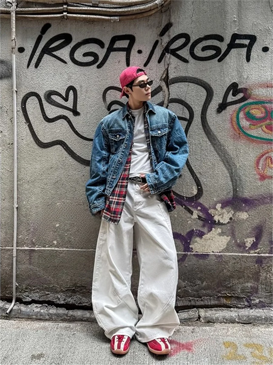 

Retro American Streetwear Pure Cotton Waed Denim ort Jaet Men Casual Versatile Collared Jaet Loose Top Trendy