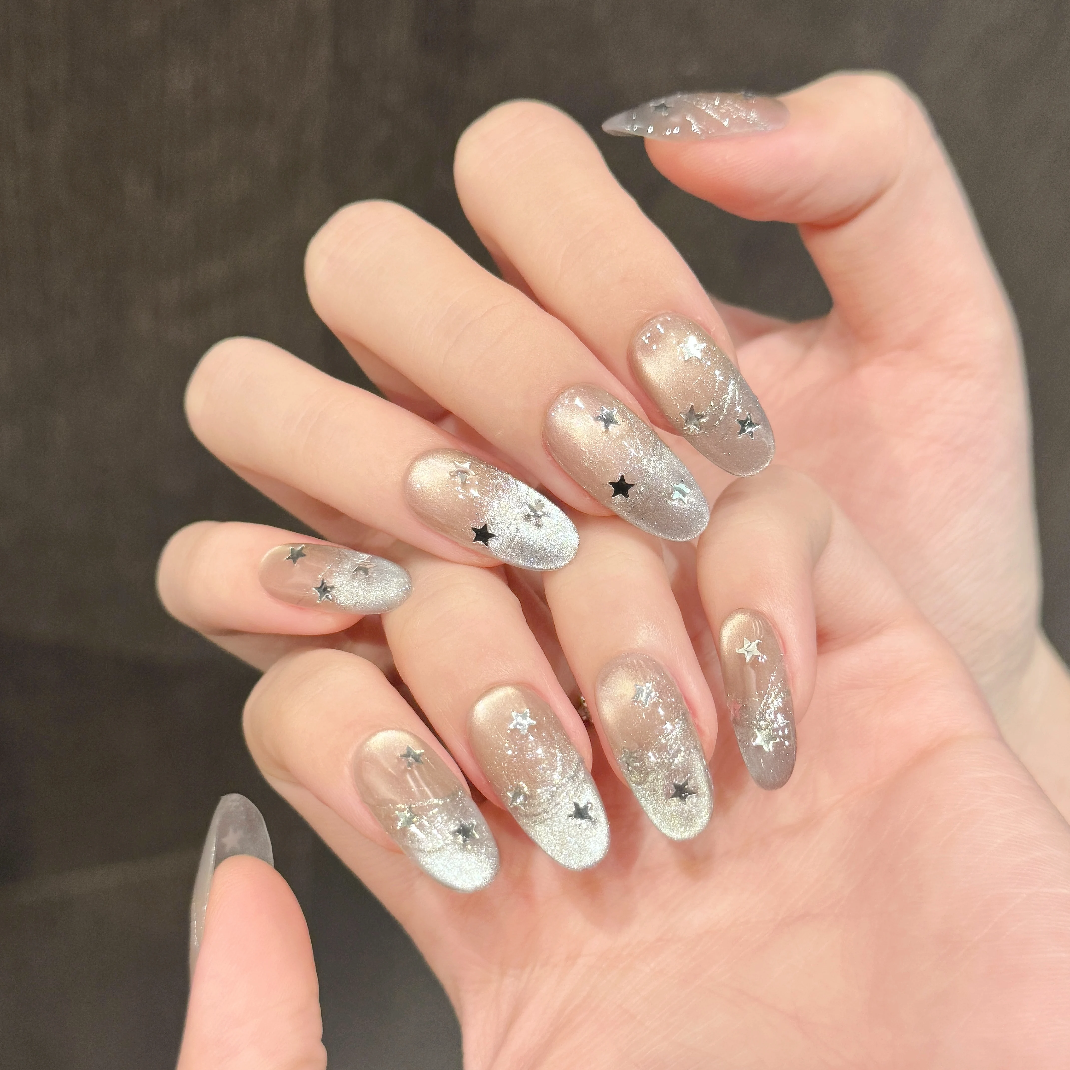 

10Pcs Long Oval Fake Nails Art Handmade Press On Nails Shiny Power French Fake Nail Tips With Stars Silver Lines Print Resuable