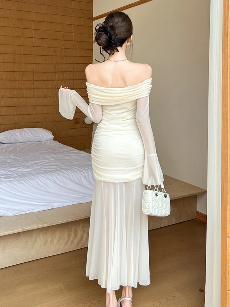 Femmes vêtements de soirée maille pure Sexy épaules dénudées maigre Maxi longue Robe en queue de poisson élégante dame mode fête bal robes Robe