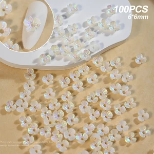 100pcs/bag Aurora Imitation Shell Flower Nail Art Decoration 3D 6mm AB Color Acrylic Flower DIY Nail Charms Jewelry Accessories