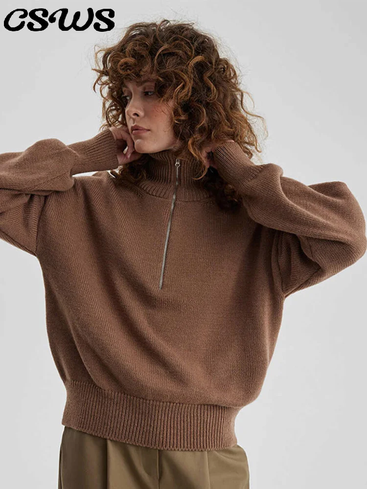 

Повседневные вязаные свитера с воротником-стойкой, женские однотонные свободные пуловеры на молнии с длинными рукавами, женские модные осенние женские пиджаки 2025 года