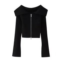 Tangada 2024 Women Off Shoulder Zipper Cardigan Sweaters Long Sleeve Female Crop Jumper BE045