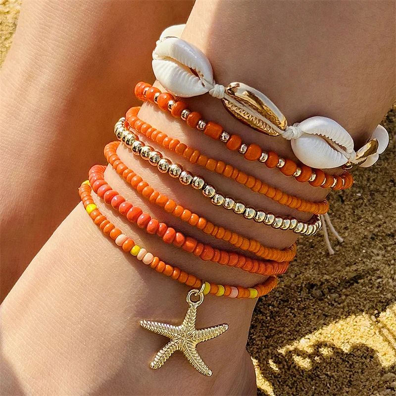 Bohemian Beach Pulseira e Colar Set, Shell frisada, Tornozeleira trançada, Estrela do Mar Pérola, Praia Colar, Sete Peças