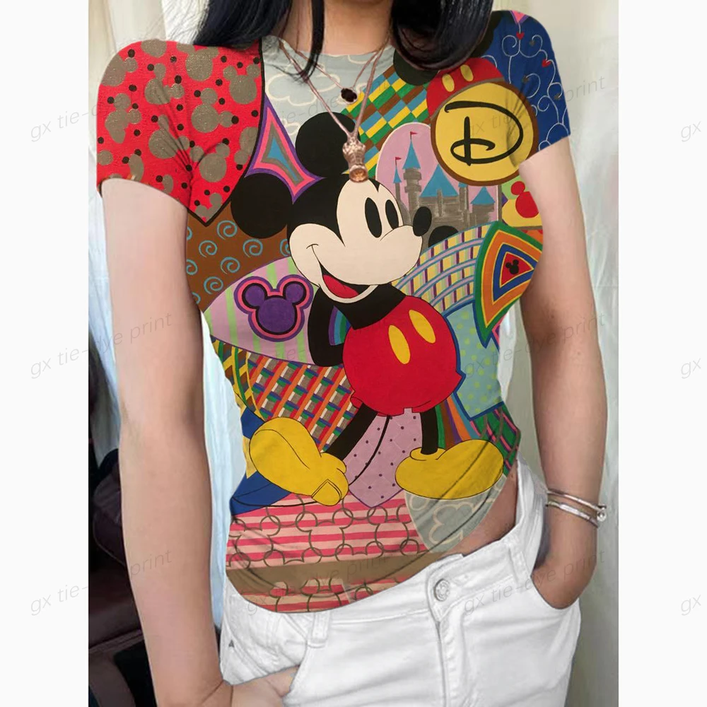 2000s Vintage Mickey Mouse Graphics Printing Summer Harajuku Slim Women T Shirt Short Sleeve Crop Tops Kawaii Y2K Baby Tees