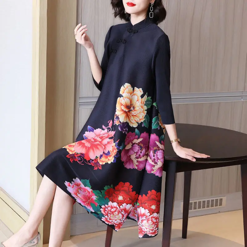 China Wind Print Pleated Dress Female 2023 Spring and Summer Ocean Young Mom Loose Large Flag Skirt Long Sleeve O Neck Dress