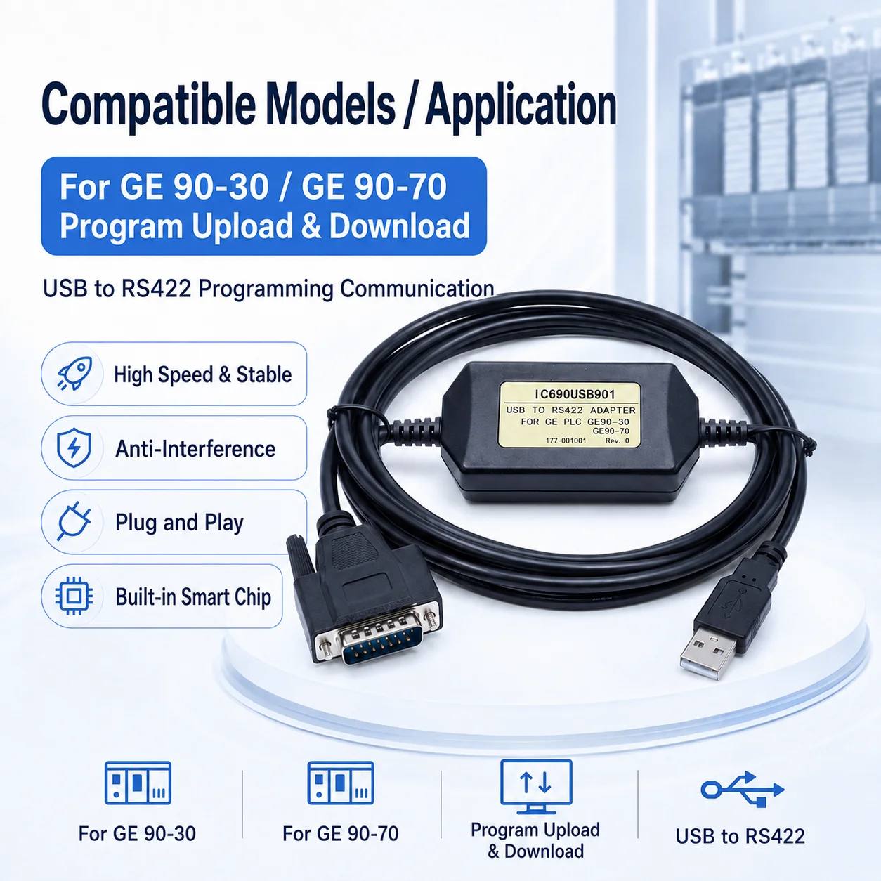 IC690USB901 USB to RS422 PLC Programming Cable Compatible with GE Fanuc Series 90-30 90-70 3M Upload Download Cord