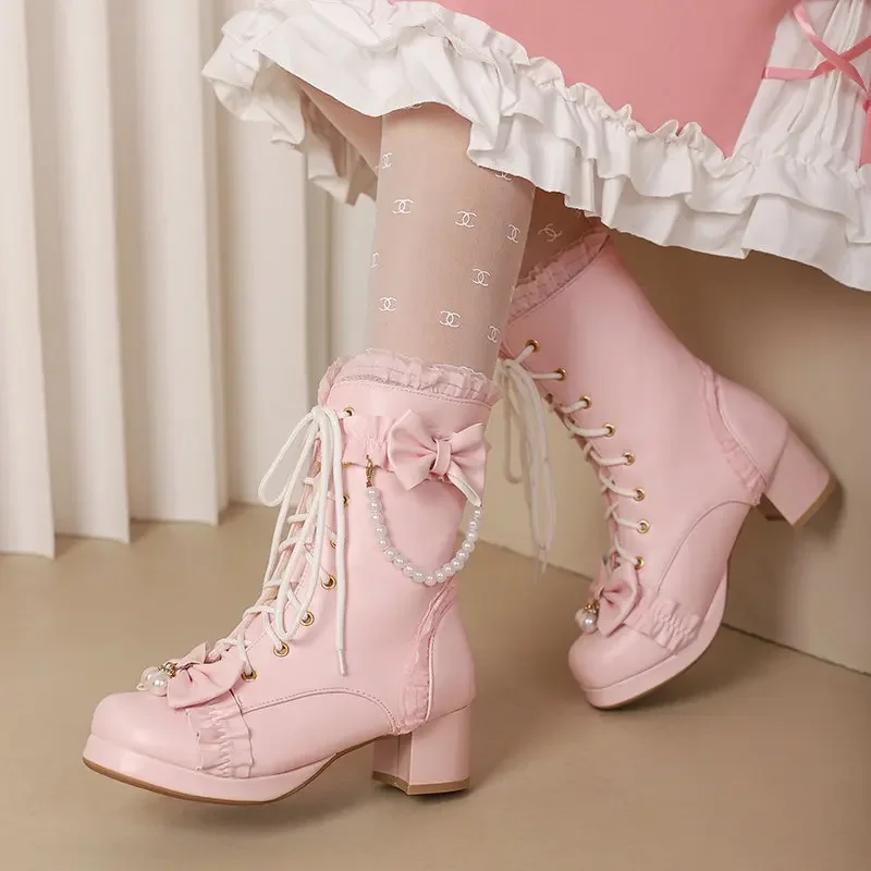 Ruffles Vintage Lolita Women Wedding Boots Chunky Block Square High Heels Thick Platform Gothic Shoes Black White Pink Lace Up