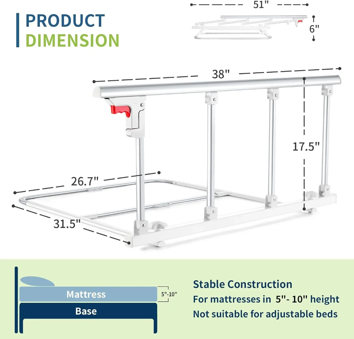 Rails for Elderly Adults Safety, Folding Bedside Assist Rail Handle, Fall Prevention Safety Hand Guard Grab for Seniors & Surger