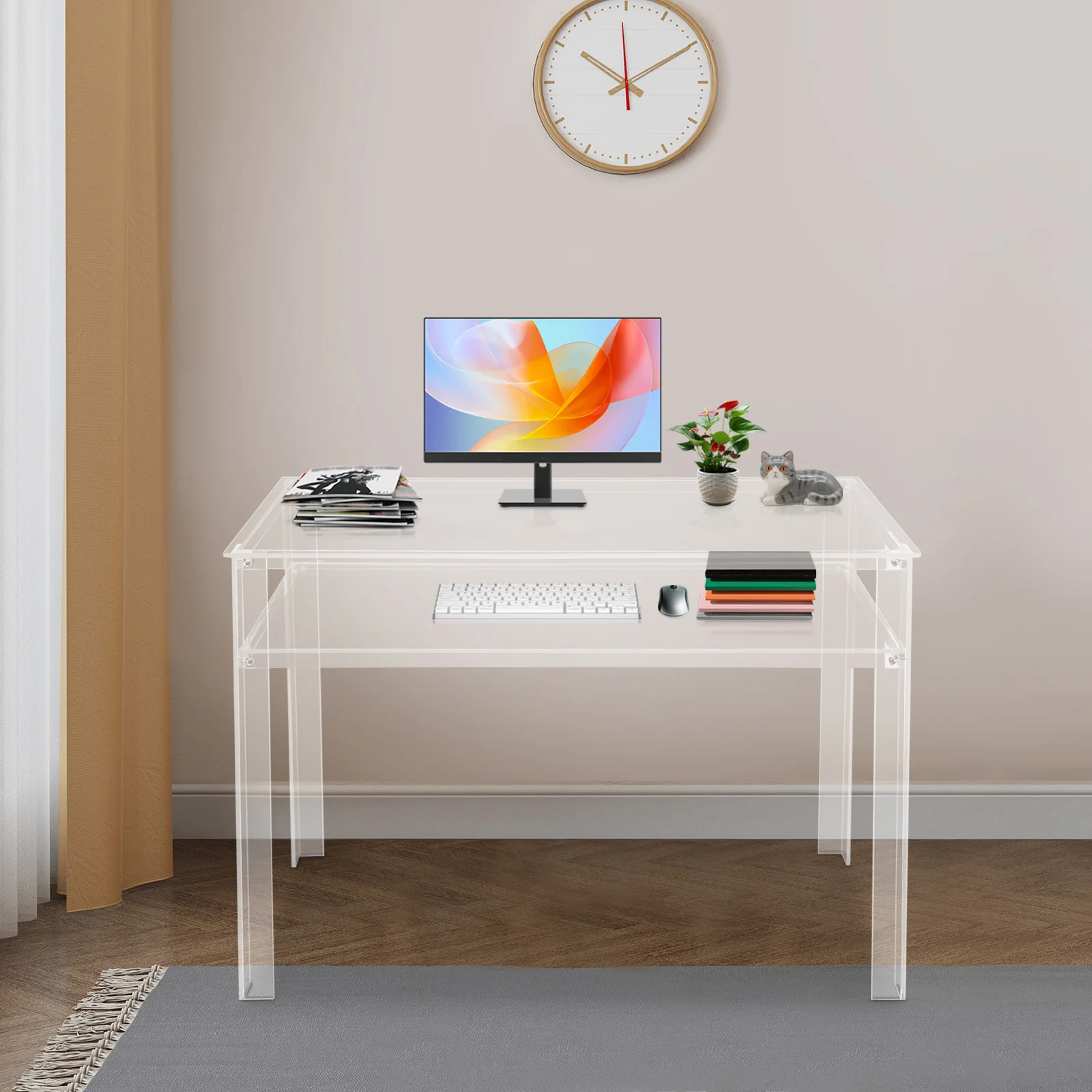 Moderner, transparenter, doppelschichtiger Bürotisch aus Acryl mit großer Arbeitsplatte und vorgebohrten Löchern für Schlafzimmer, Arbeitszimmer und Hotels – Detail 5
