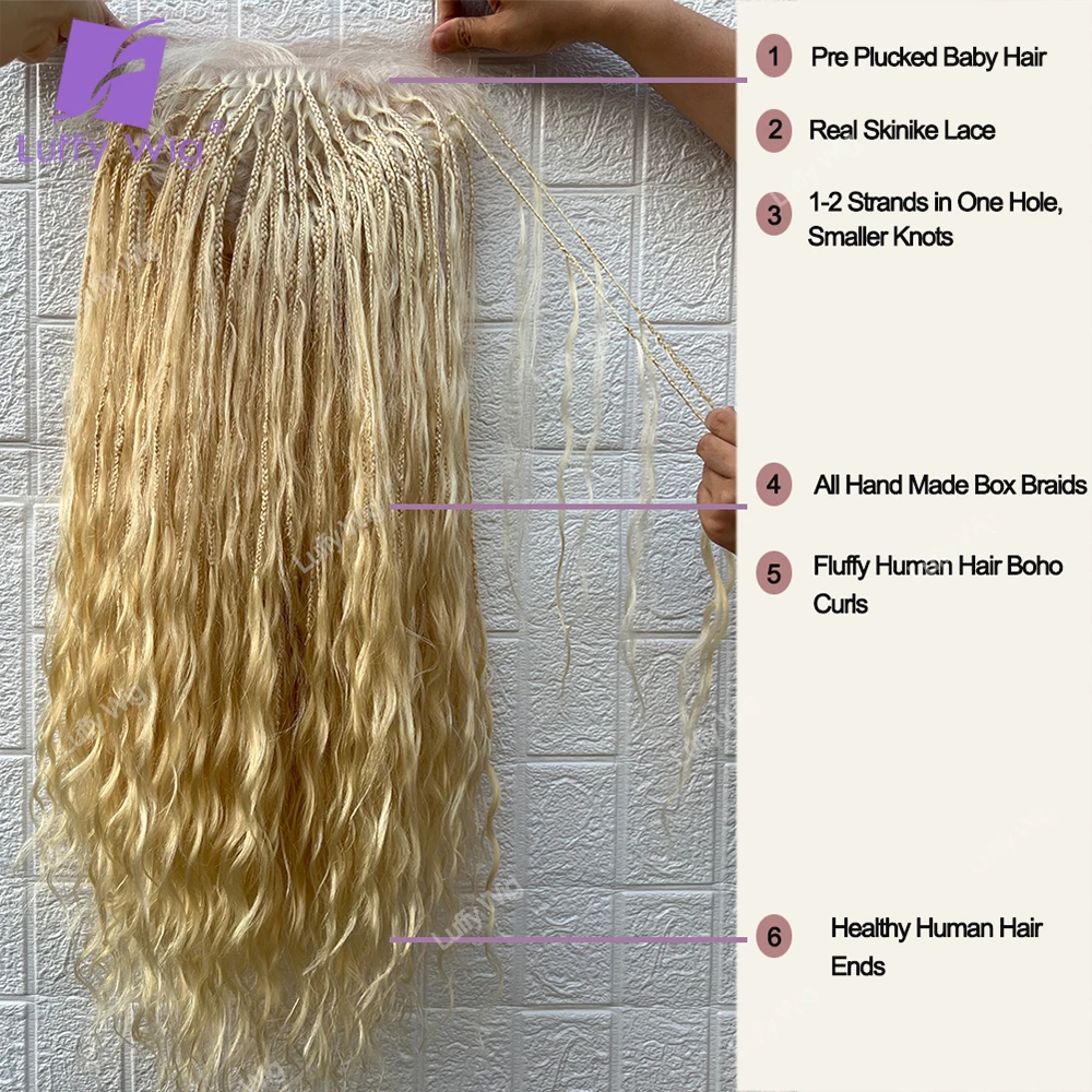 Blonde Boho Box Braids Wig Human Hair Brazilian Remy Knotless HD Full Lace Wigs Pre Braided High 300 Density Wig  Glueless