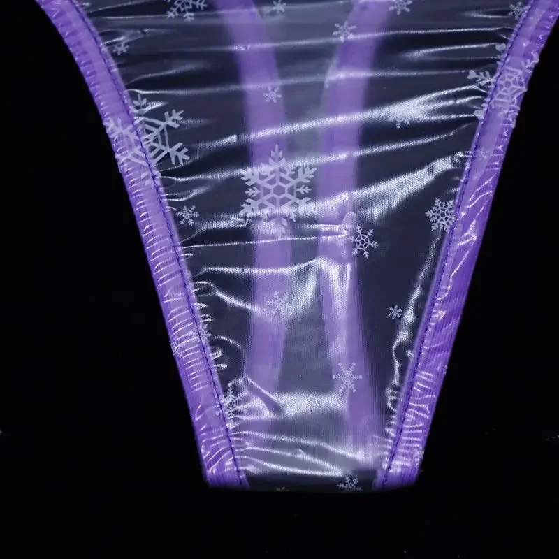 

Sexy PVC White Clear Chic Thong Snowflake Graphics Light Purple Border Low Waist T-back Erotic Lingerie