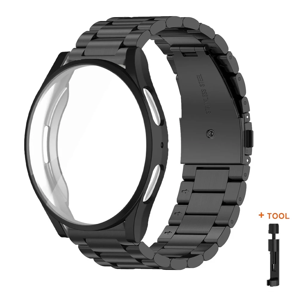 For Samsung Galaxy Watch 5 4 40mm 3-Bead Stainless Steel Strap with TPU Full Cover Watch Case and Removal Tool - Black