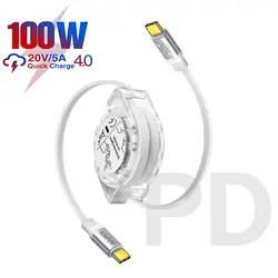 100W Retractable USB Type C to USB C Data Cable For iPhone 15 Plus Pro Max For MacBook Samsung Xiaomi PD Fast Charge Cable