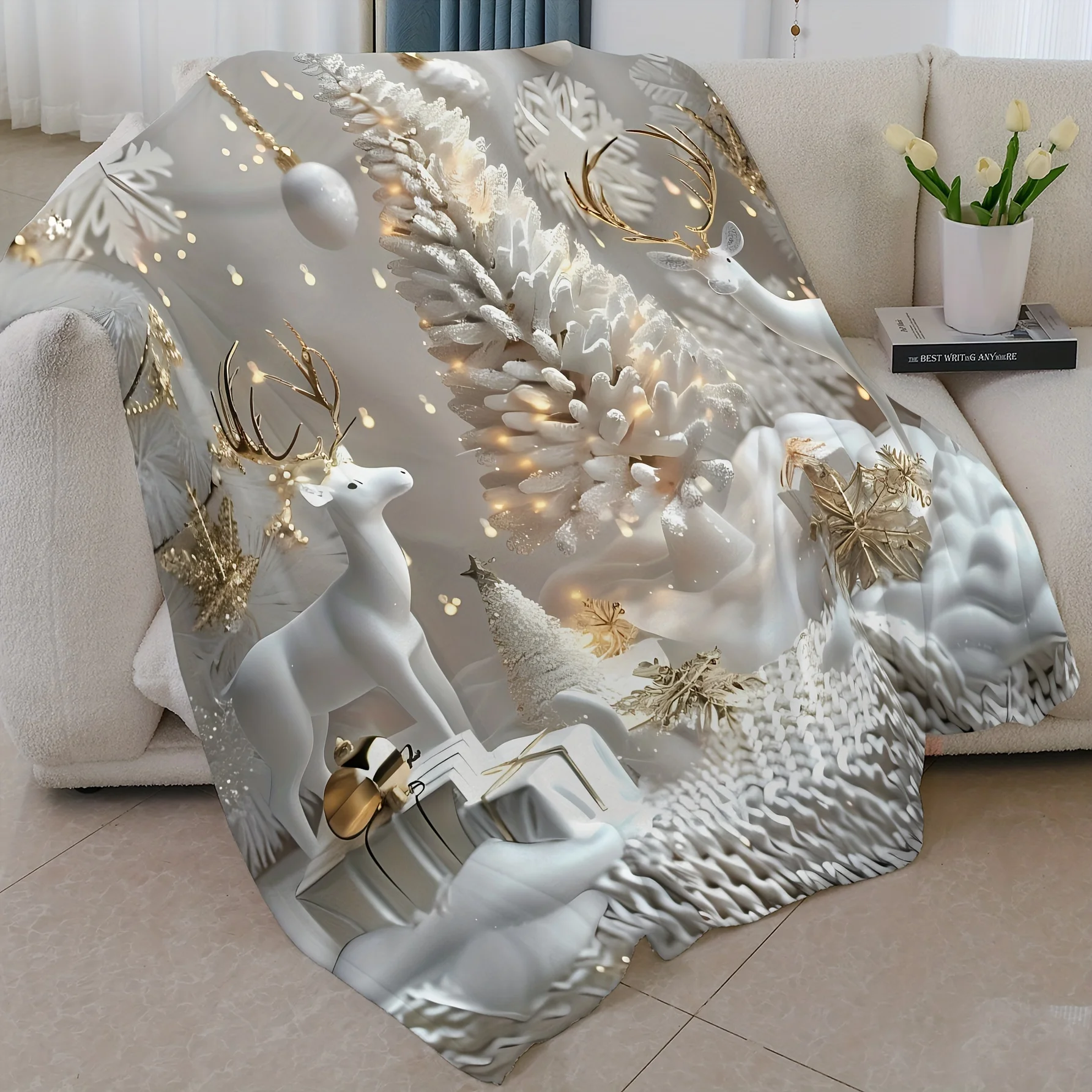 [Luxury Christmas Blanket] Luxury Flannel Christmas Soft Blanket - Winter Throw with White & Golden Accents, Plush Couch, Bed