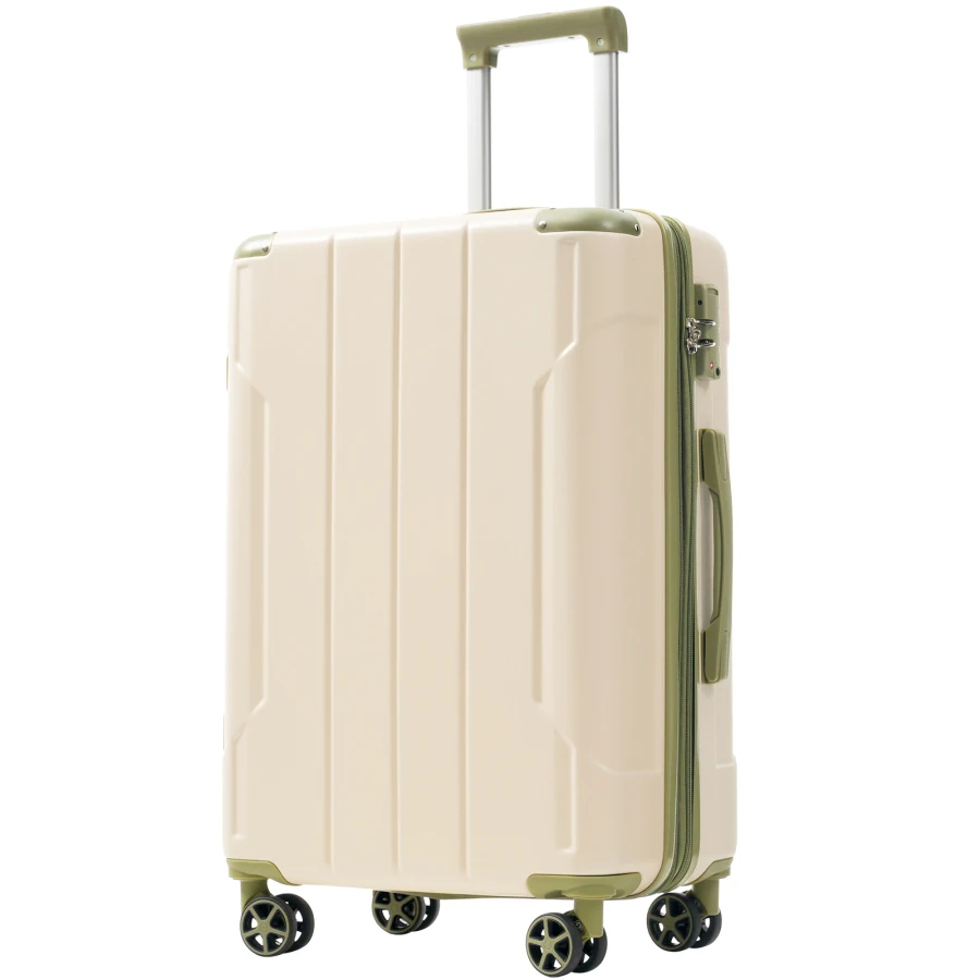 

Hardshell luggage for checked travel, ABS material, white and green color, lightweight durable with double wheels and expandabl