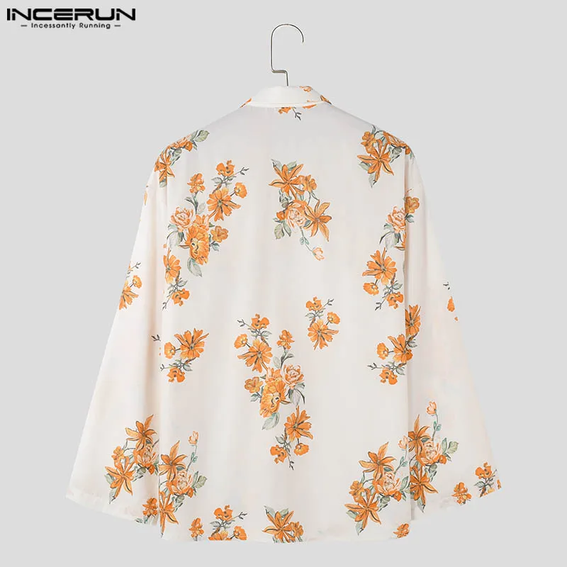 INCERUN Men Shirt Flower Printed Lapel Long Sleeve Button Steetwear Casual Men Clothing 2024 Loose Fashion Leisure Camisas S-5XL