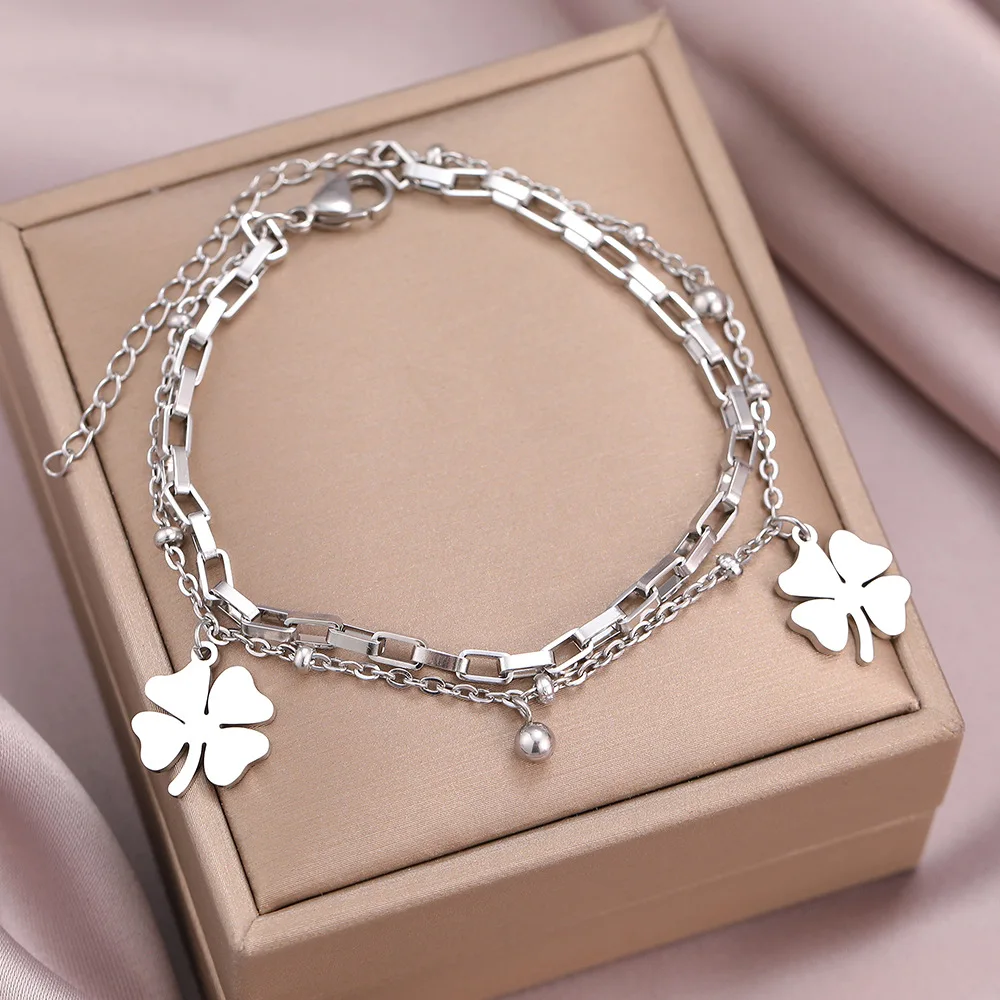 1PC Women's Fashion DIY Double layer Stainless Steel Four Leaf Flower Bracelet Jewelry Suitable for Date, Party, Festival Gifts