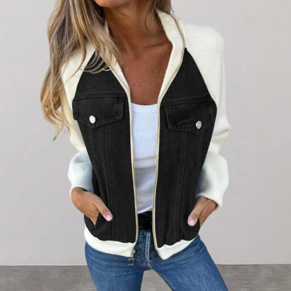 

Contrast Color Long Sleeve Jacket Colorblock Zipper Closure Hooded Women's Jacket with Fake Chest Pocket Detail for Daily