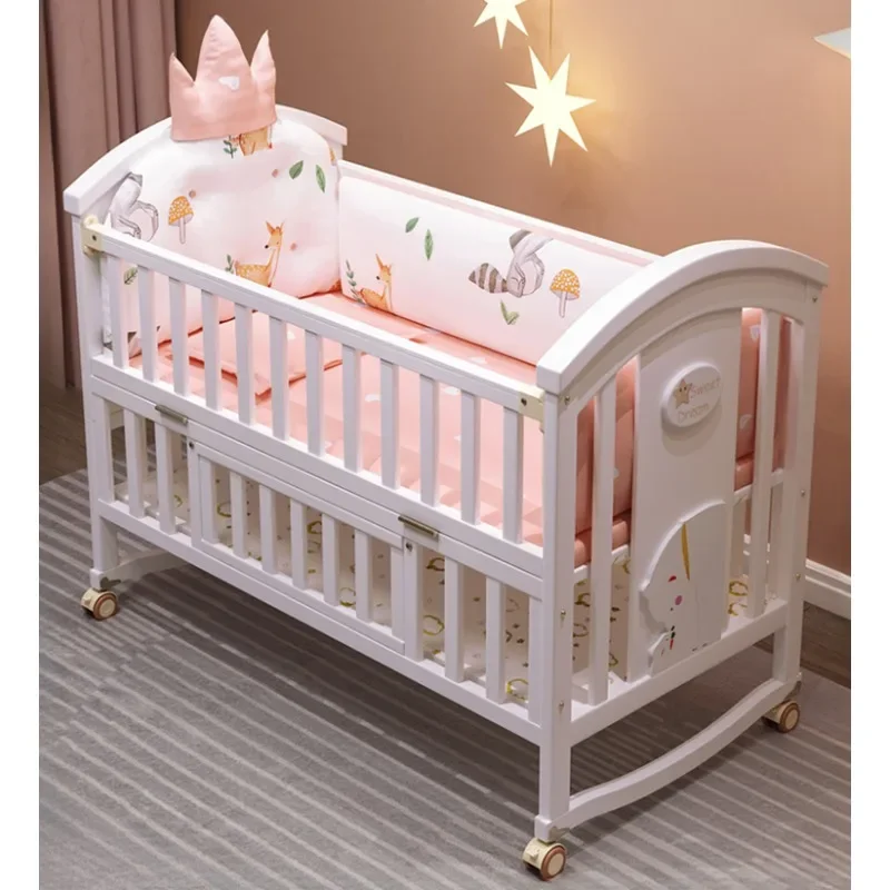 Solid wood spliced crib Multifunctional European style children's bed Movable newborn cradle large bed Baby Rest Chair