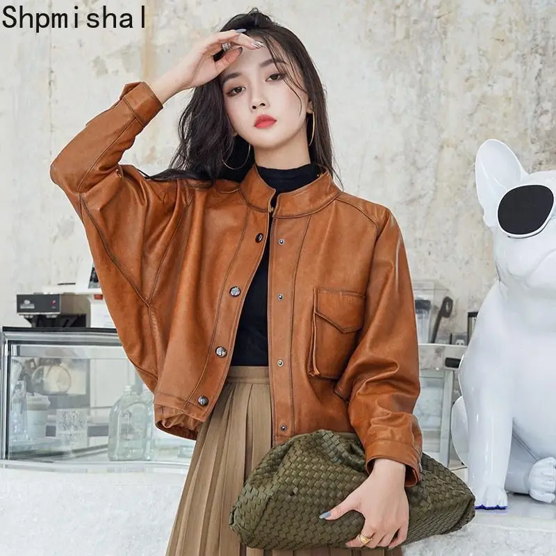 

2023 Autumn New Simulation Leather Jacket Women's Short Loose Standing Neck Korean Fashion Bat Sleeve Jacket Female Clothing