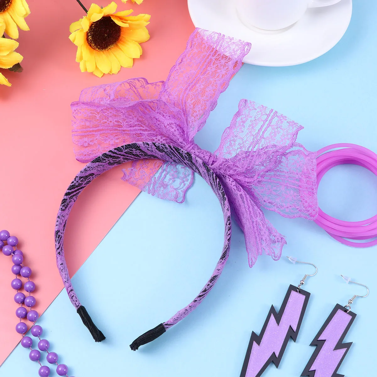 5-teiliges 80er-Jahre-Kostüm-Zubehör-Set, bunte Armbänder, Halskette, Ohrringe, Spitze, Stirnband, Netzhandschuhe, Party-Outfit