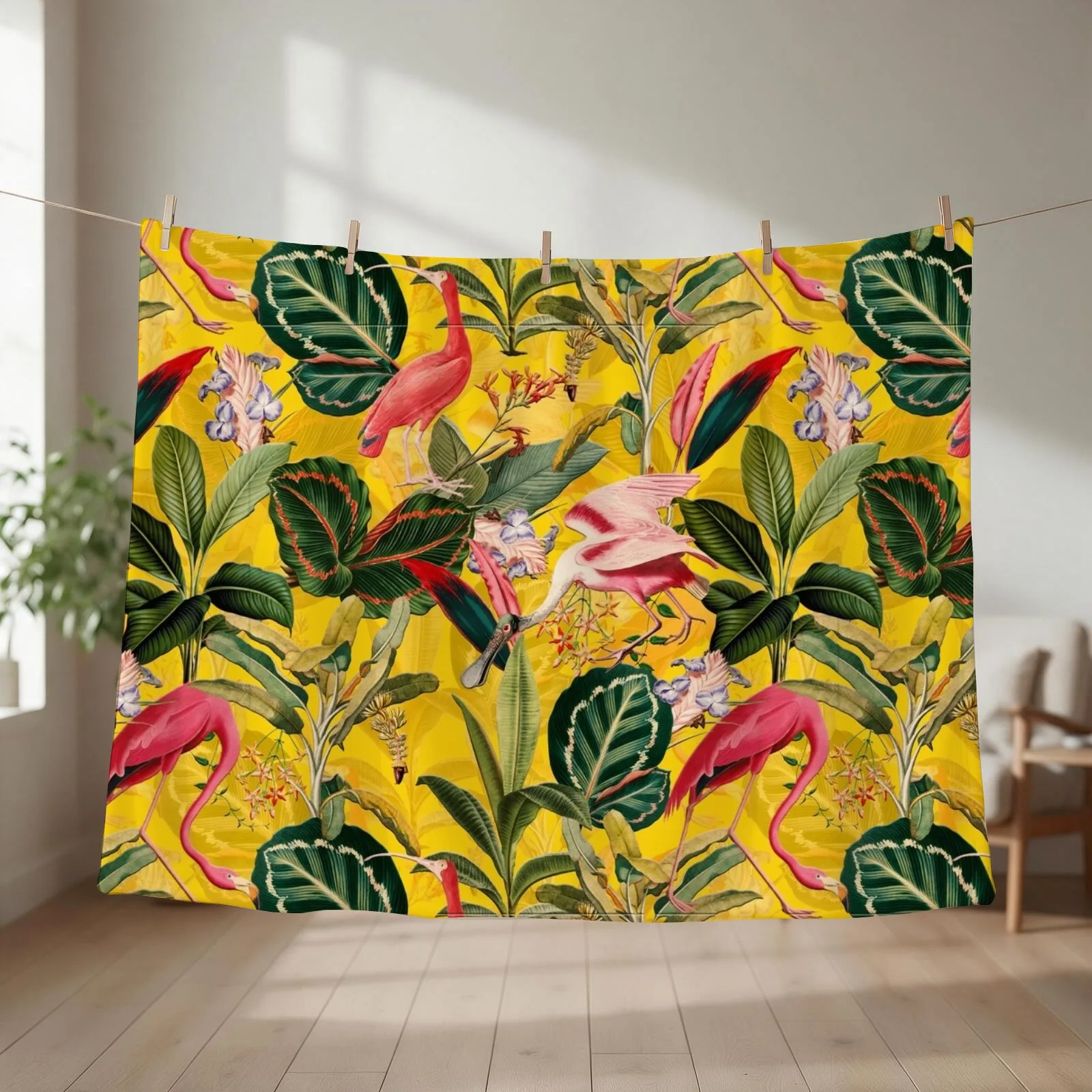 Vintage Yellow Tropical Bird Jungle Garden Throw Blanket couch cozy soft plush fuzzy picnic outdoor blanket