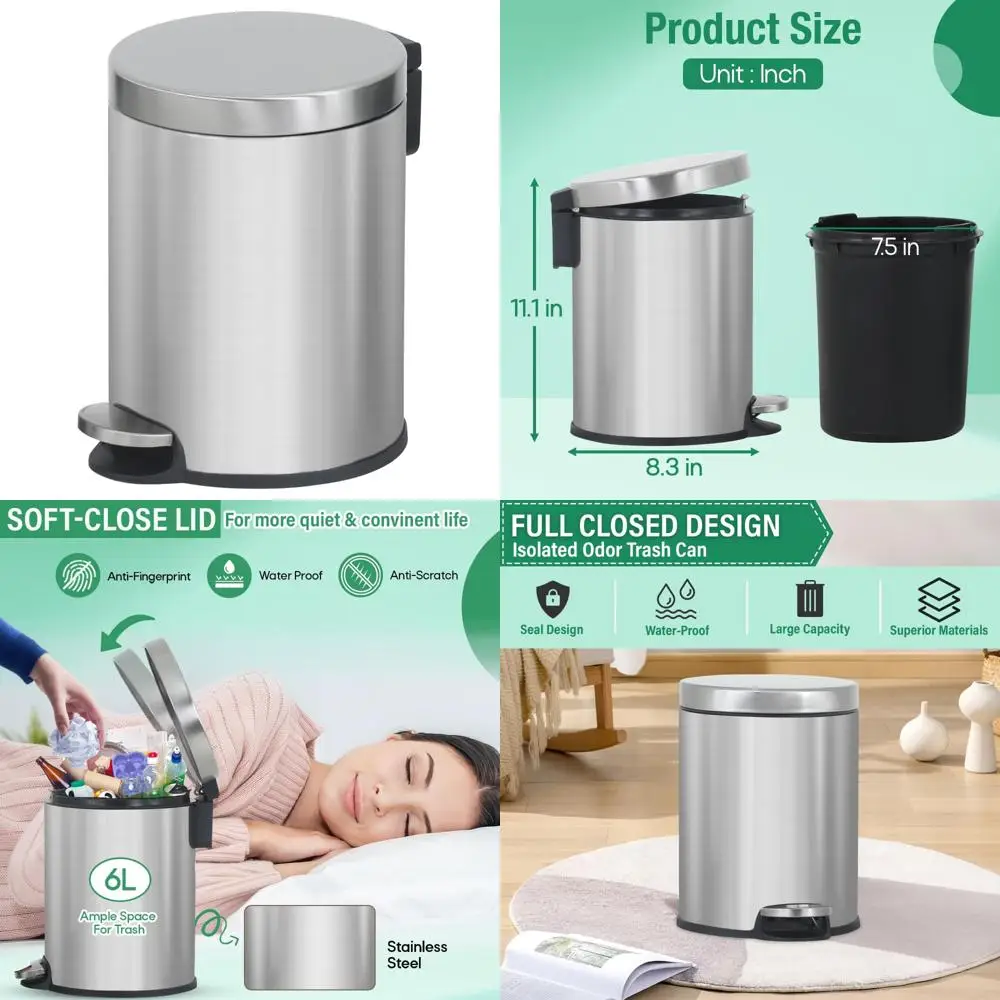 

Компактная мусорная корзина для ванной комнаты из нержавеющей стали на 6 литров с ступенчатой педалью и крышкой