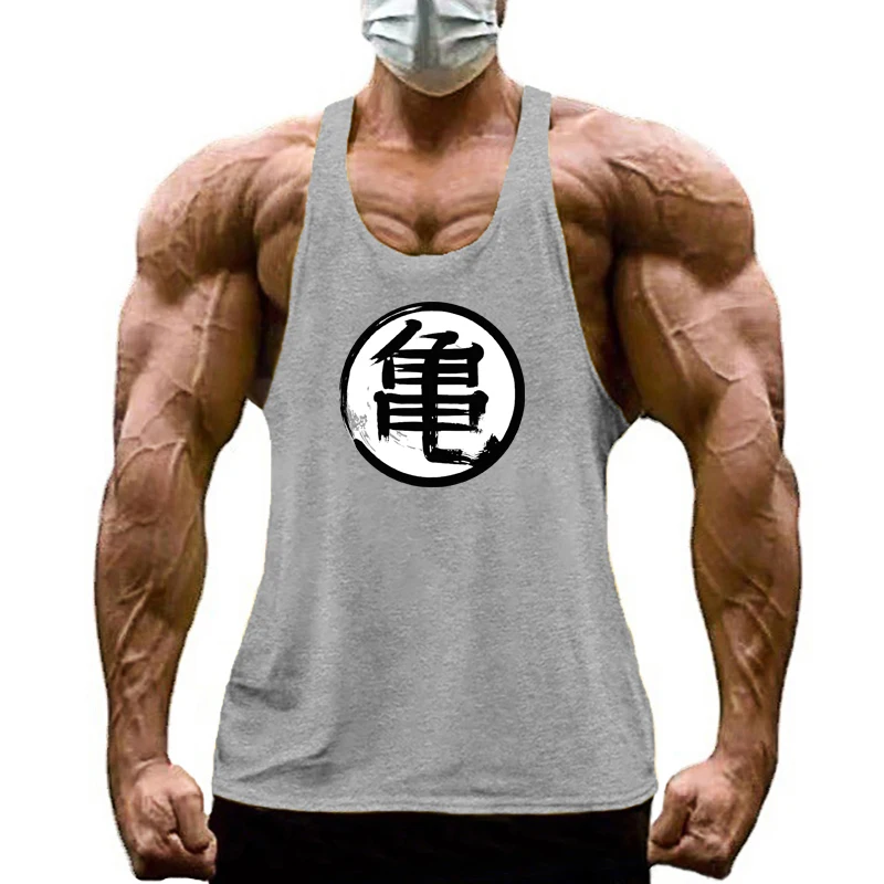 Japanese Anime Turtle Script Printed Gym Casual Sleeveless Cotton Bodybuilding Muscle Tank Tops Mens  Breathable Fitness Tshirts