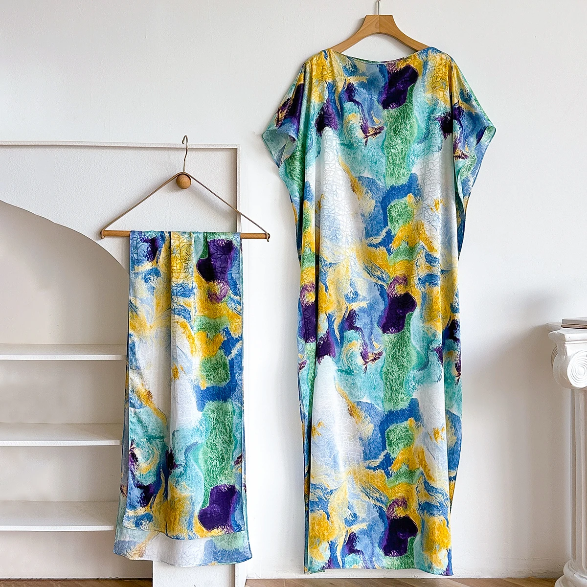 Summer New Fashion African Dresses for Women, Elegant Printed Silk Muslim Lady Long Hijab Kaftan Dress with Oversize Scarf, Kuwa