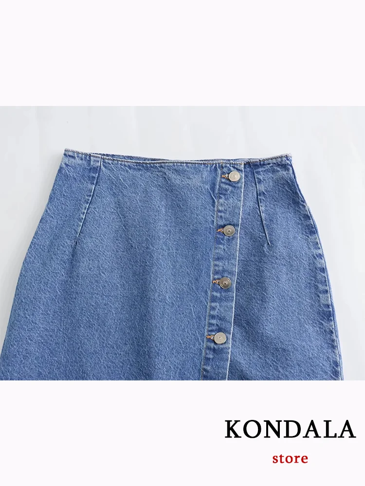 KONDALA Casual Vintage Solid Denim Women Suit Single Breasted Sleeveless Vest Long Straight Split Skirt Fashion 2024 Summer Sets