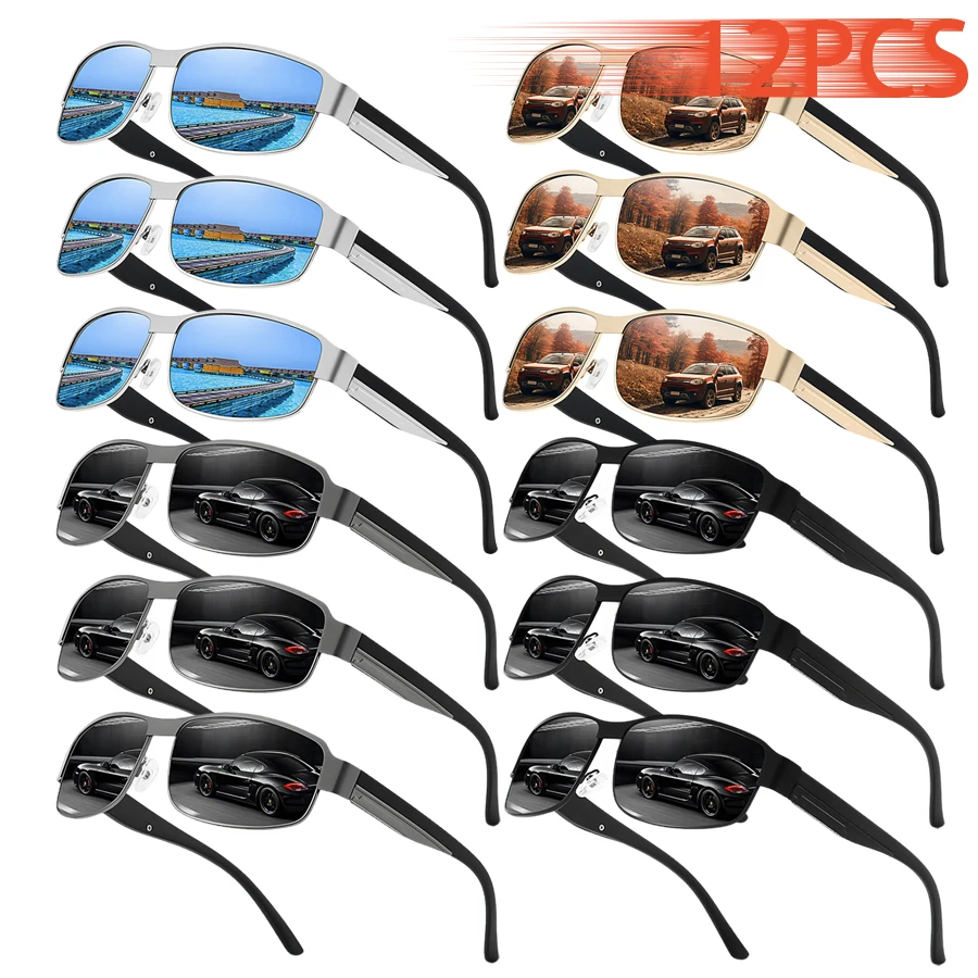 12PCS Classic Designer Brand Vintage Square Frame Sunglasses Men Women Casual Beach Travel Eyewear for Vacay Driving Fishing