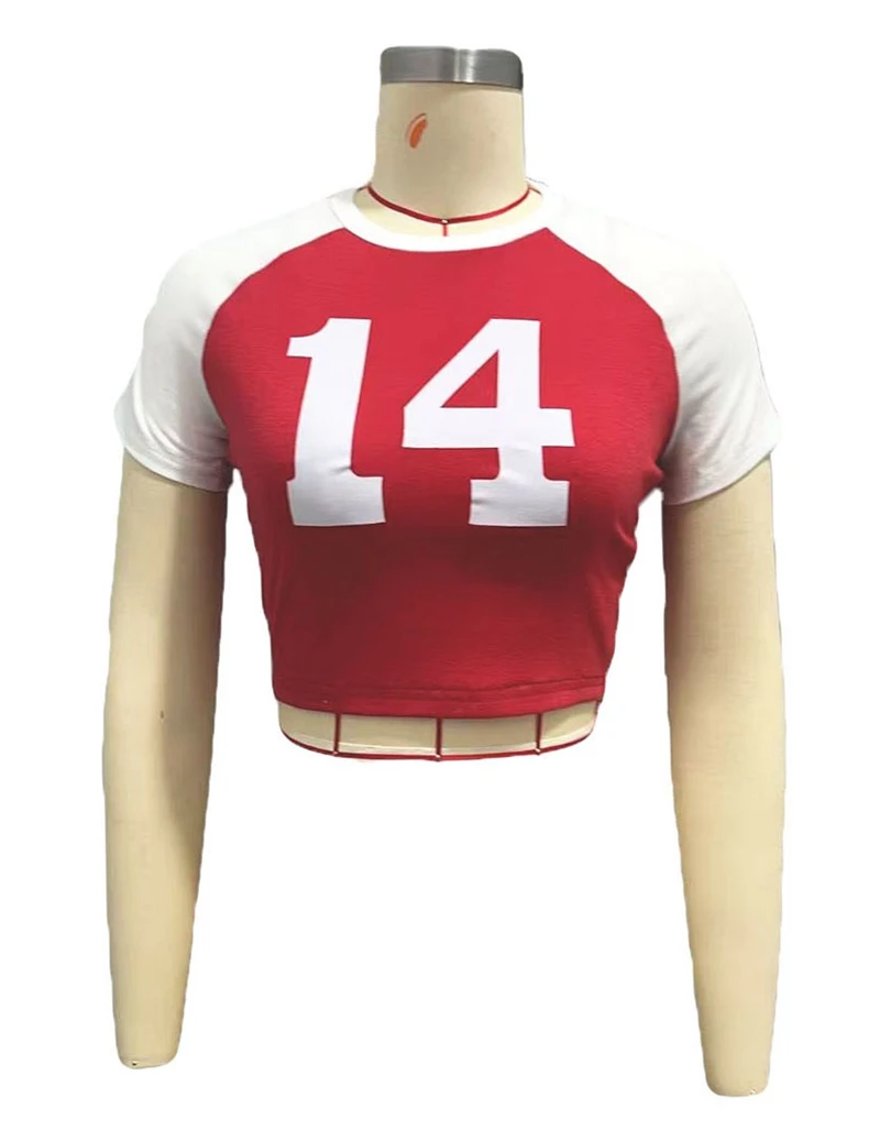 STIJLVOLLE DAME Nummer 14 Workout Gedrukt Crop Top 2025 Zomer Vrouwen Korte Mouw O Hals Casual Straat Sport Jersey T-shirts