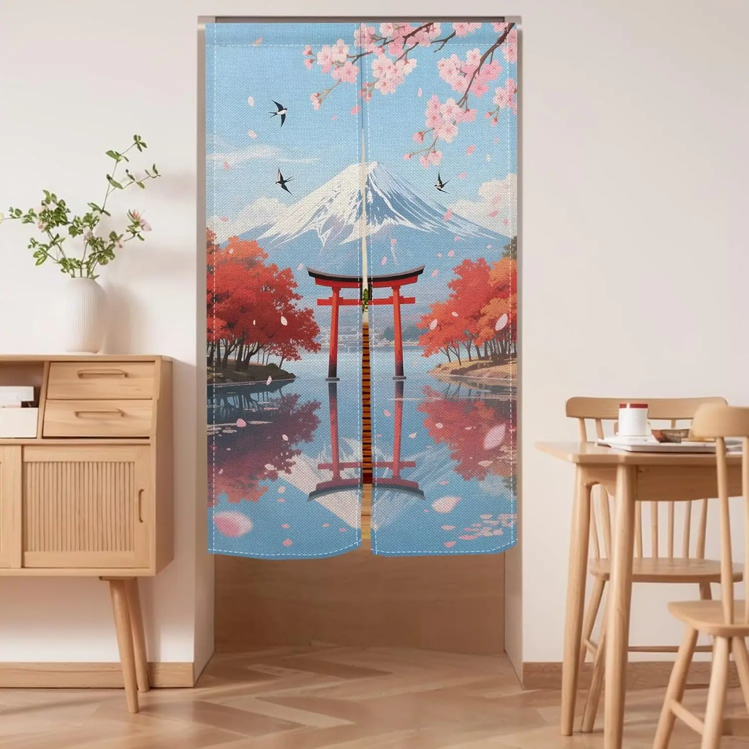 Eleganter japanischer Noren-Vorhang mit Fuji-Berg- und Sakura-Schwalbenmuster, Kunstvoller Türvorhang für Teeraum, Arbeitszimmer und Schlafzimmer