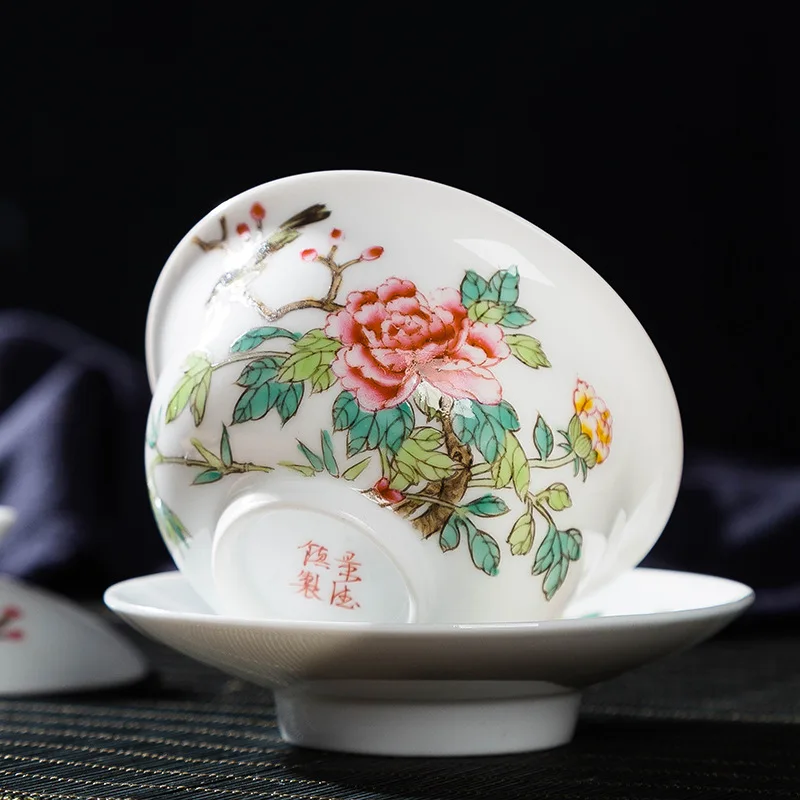 Jingdezhen Hand Painted Pastel Flowers and Birds Tureen Ceramic Three Pieces Gaiwan Set Teacup Large Porcelain Hand-Held Cup
