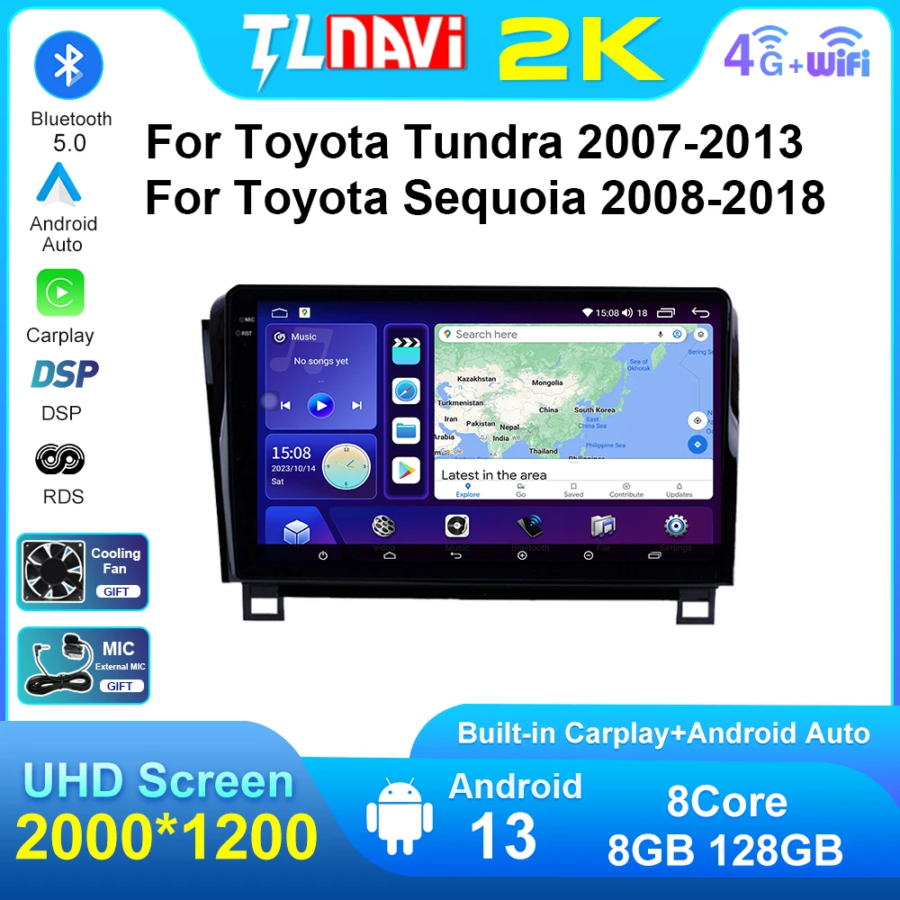 Android Auto Car Radio GPS Navigation For Toyota Tundra 2007 - 2013 Sequoia 2008  2009 2010 - 2018 Multimedia Player Carplay