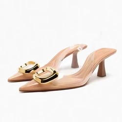 2024 Summer Sandals Women High Heels Metal Decoration Slingback Woman Pumps Pointed Toe Sandal Shoe Elegant Woman Shoes